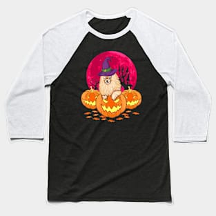 Pomeranian Dog Witch Hat Pumpkin Halloween Baseball T-Shirt